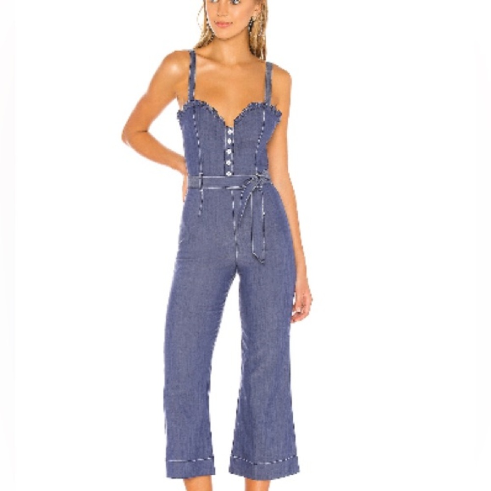 Privacy Please Denim Blue Sleeveless Jumpsuit Romper with Tie Waist